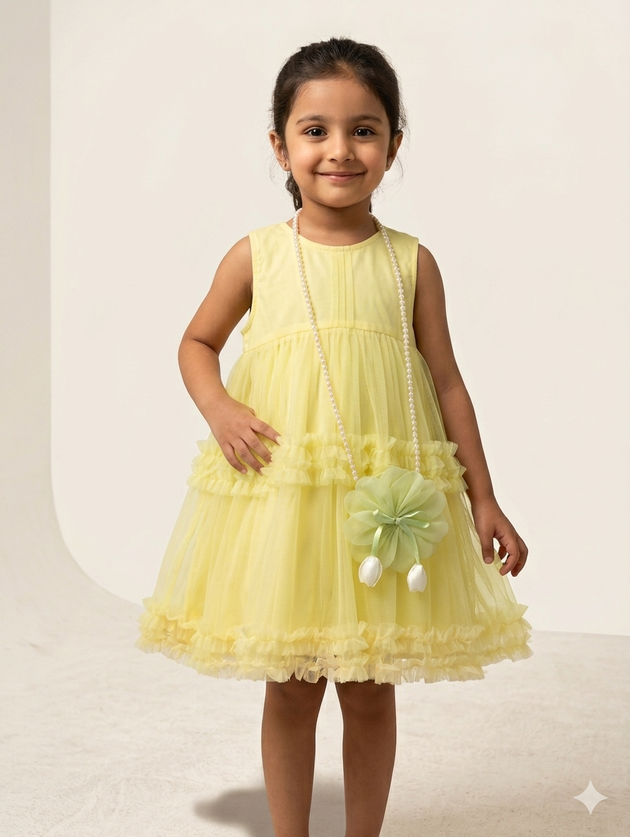Premium Net Pouch Frock with Matching Tulip Bag for Girls – Available in Three Pastel Colors