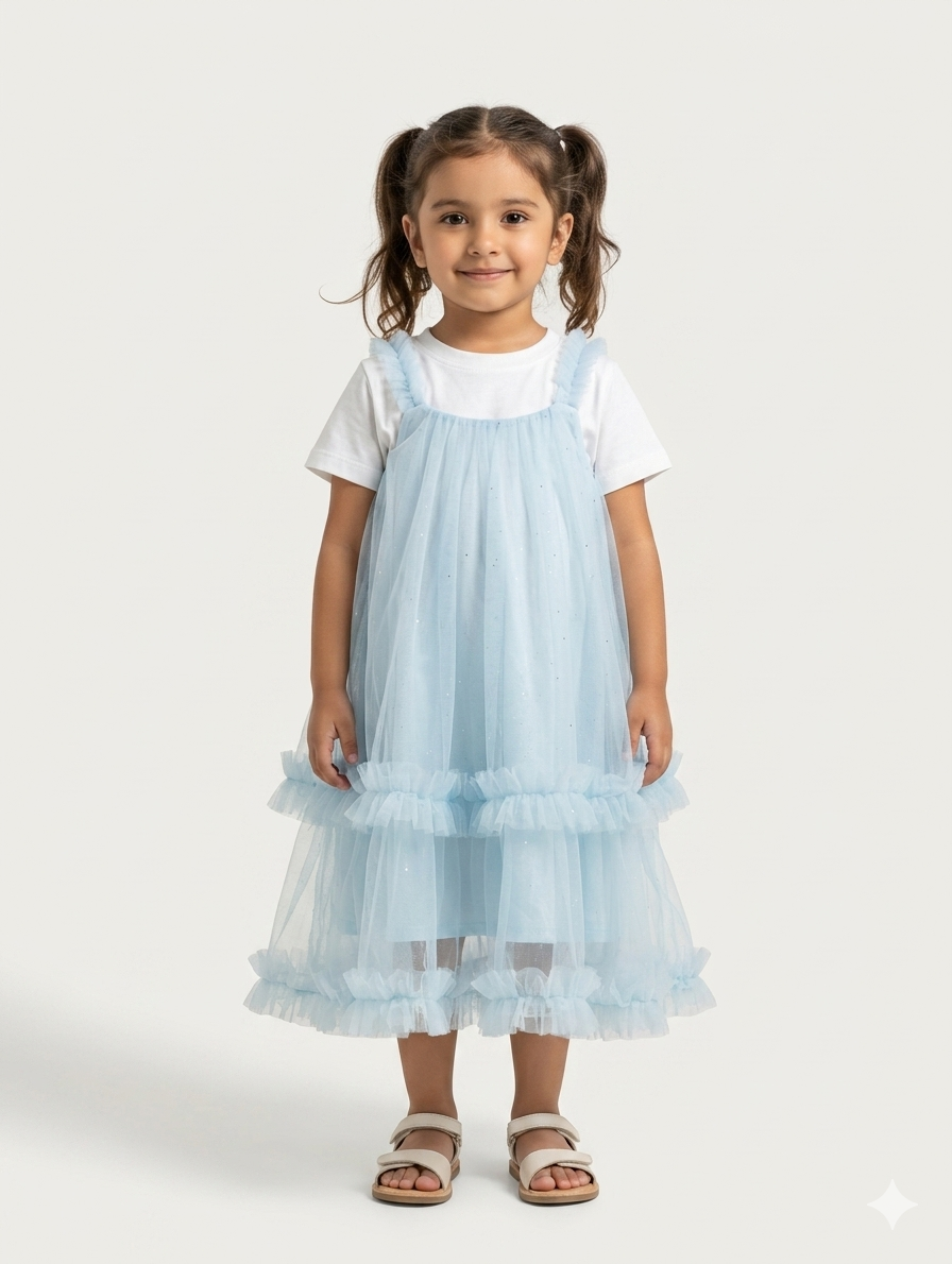 Toddler Girls Layered Tulle Sparkle Pinafore Dress with Casual White Tee Set in Three Colors