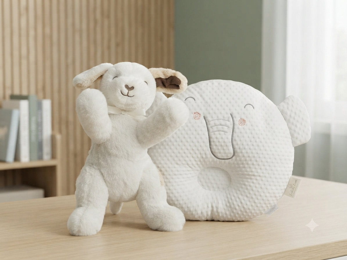 Soft White Puppy Plush Toy and Matching Elephant Baby Pillow Gift Set