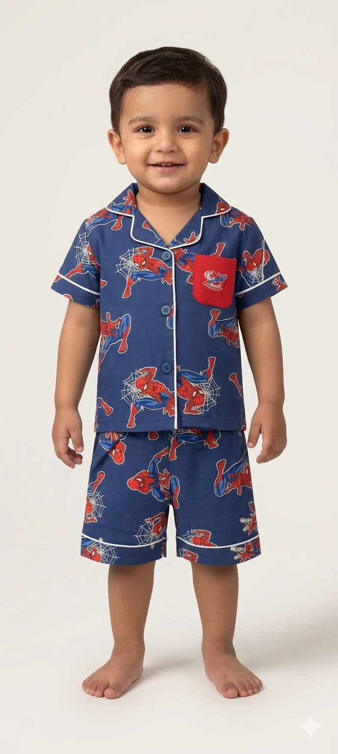 Toddler Boys Spider-Man Short Sleeve Button-Down Pajama Set in Navy with Contrast Piping