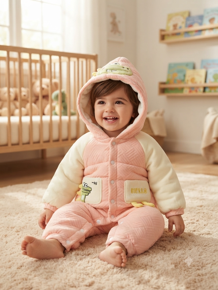Cute Dinosaur Hooded Baby Romper Warm Fleece Winter Jumpsuit For Toddler Boys And Girls