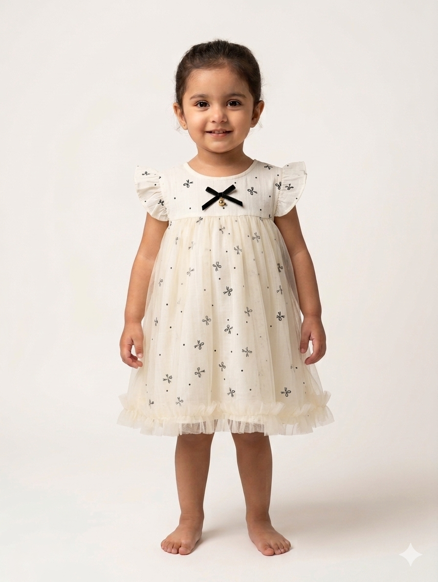 Elegant Toddler Girl Tulle Flutter Sleeve Dress with Ribbon Bow Detail and Floral Embroidery