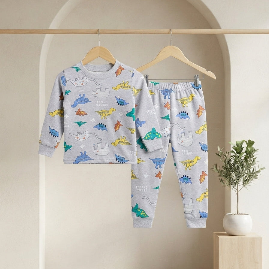 Kids beige teddy bear print sweatshirt and matching trouser set for daily casual wear