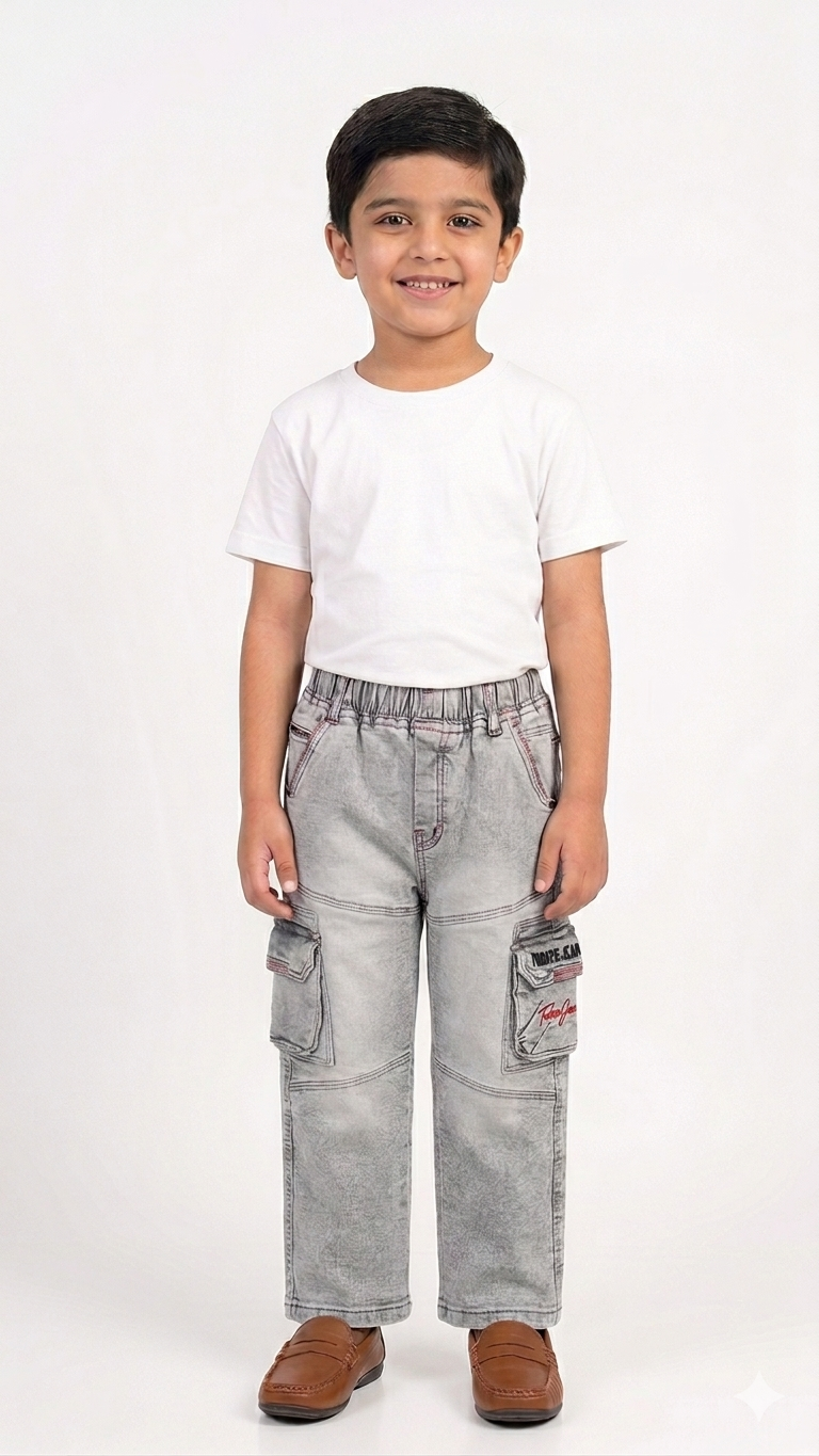 Boys Blue Denim Cargo Jeans Elastic Waist Wide Leg Casual Pocket Trousers for Kids
