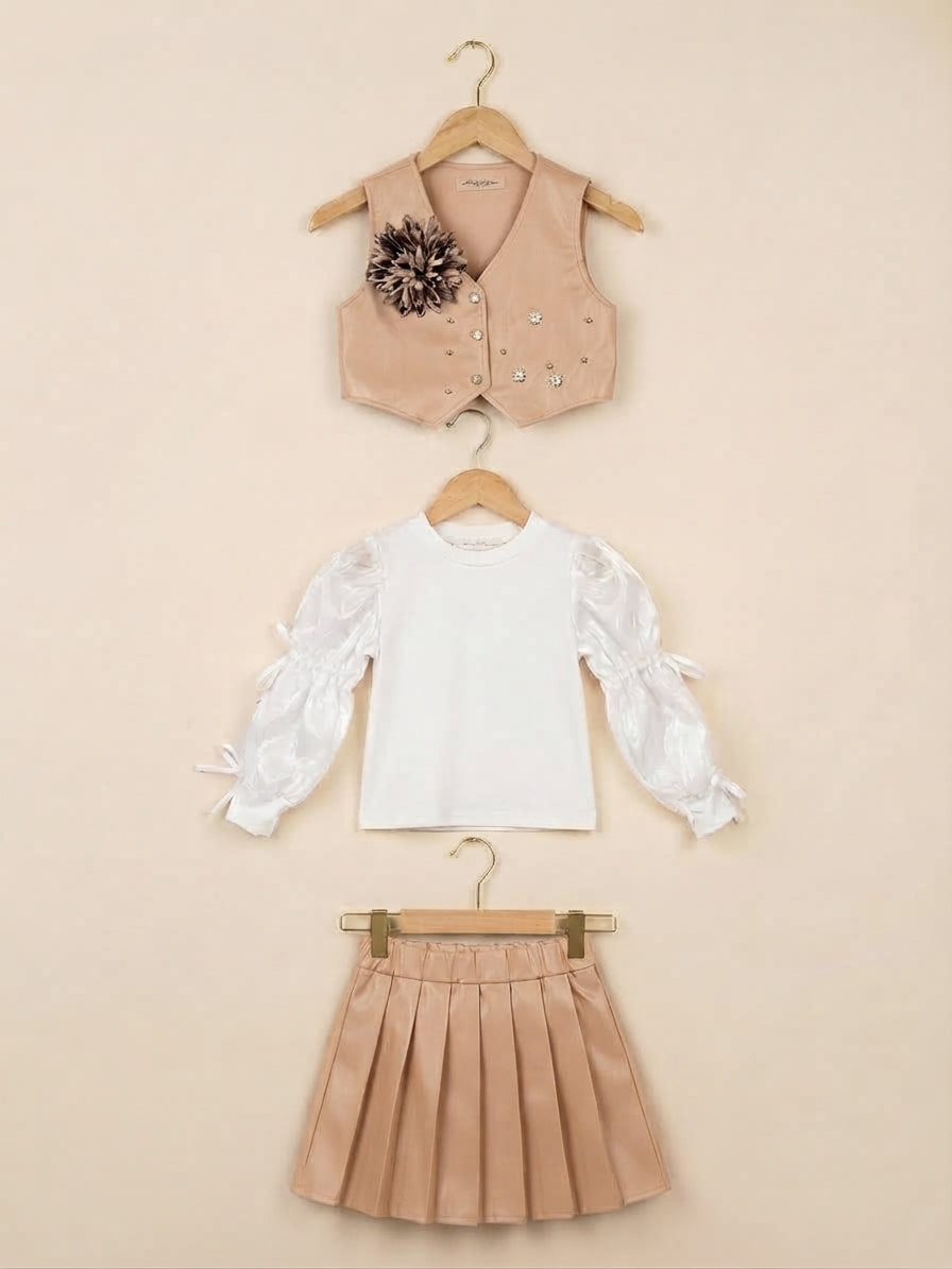 Girls Kids New 3-Piece Sequin Flower Vest Puff Sleeve Top Pleated Skirt Outfit Set