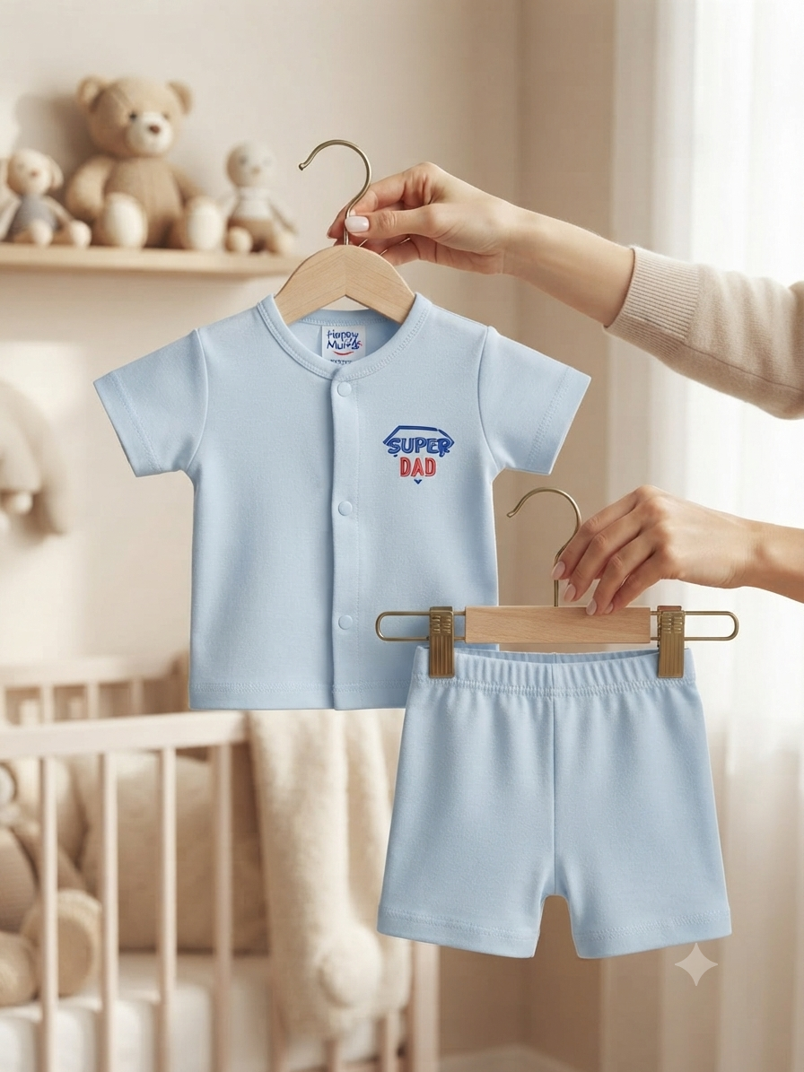 Super Dad Graphic Cotton Baby Summer Set Light Blue Soft Short Sleeve Outfit