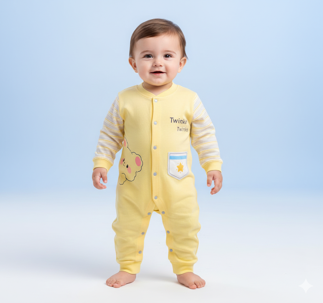 Baby Boys Soft Cotton One Piece Twinkle Bear Romper Striped Sleeves Comfortable Sleep Suit