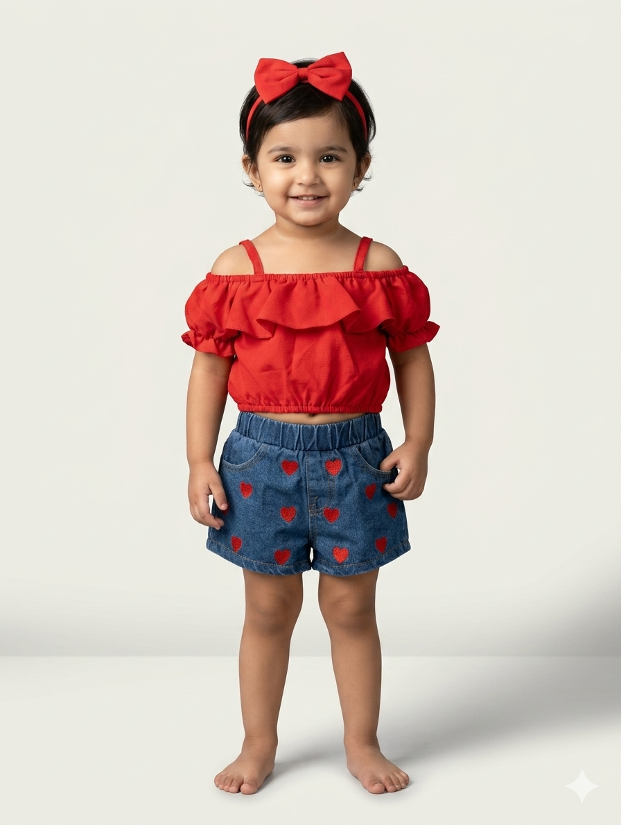 Toddler Girls Ruffled Cold-Shoulder Top and Patterned Denim Shorts Two-Piece Summer Outfit Set