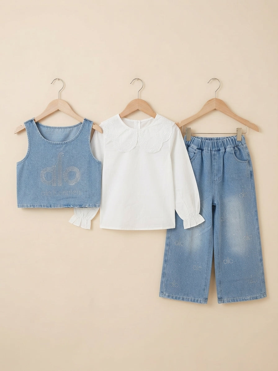 Chic Girls Denim Three Piece Outfit Set With White Blouse And Matching Jeans