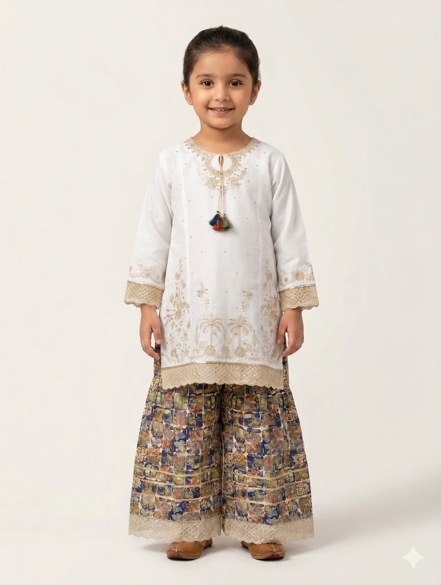 Girls Elegant Embroidered White Tunic and Multicolored Gharara Pants Two-Piece Traditional Ethnic Outfit Set