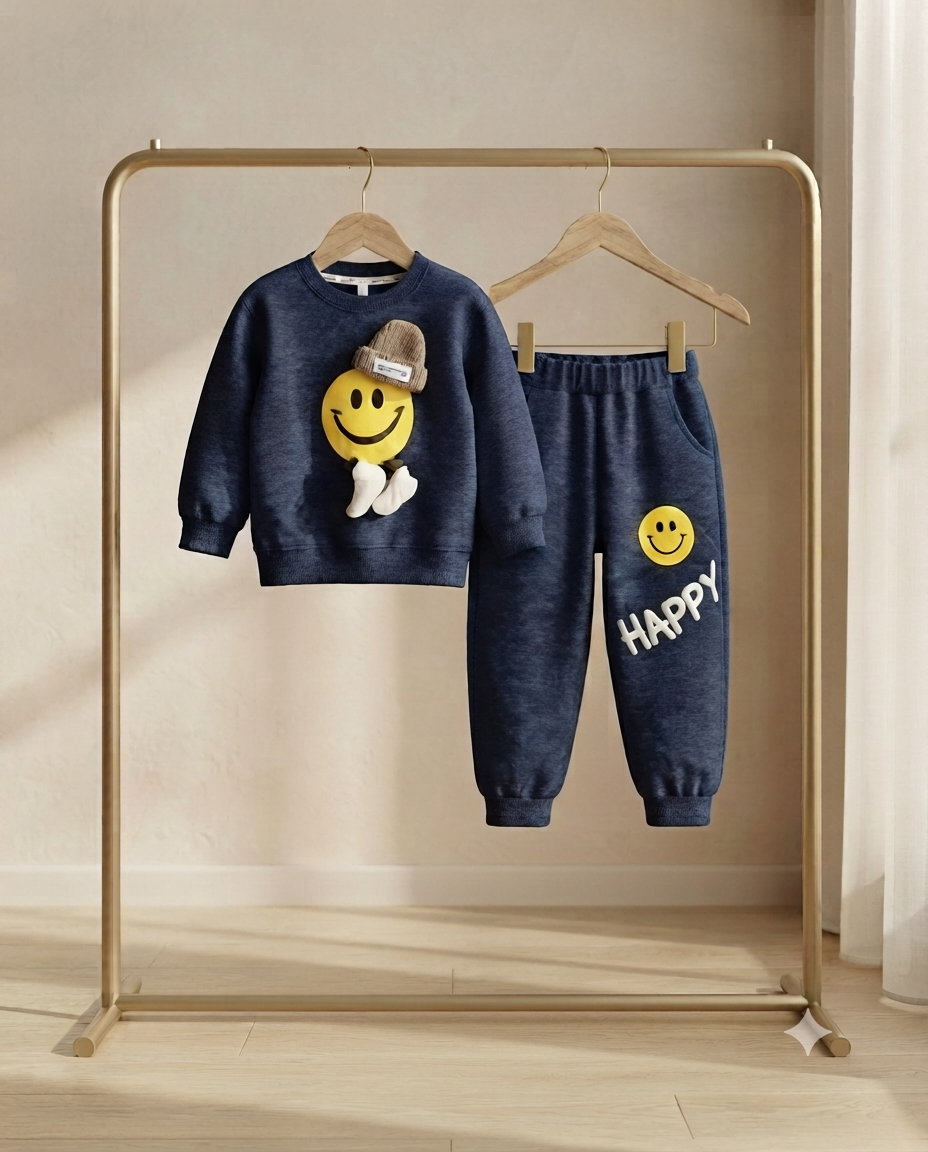 Kids Casual Stylish Smiley Face Sweatshirt And Full Length Trouser Set For Boys