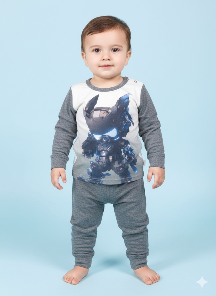 Premium Dark Grey Long Sleeve Robot Hero Baby Pajama Set With Soft Cotton Matching Pants