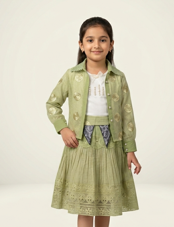 Elegant Little Girls Three-Piece Skirt Set with Sheer Embroidered Jacket and Pearl Accent Top