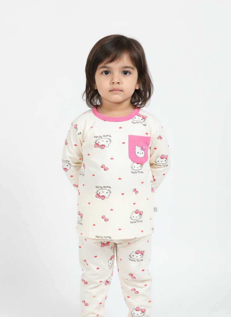 China Imported Kids Night Suit – Pink & White Character Pairing | Soft Cotton with Pocket