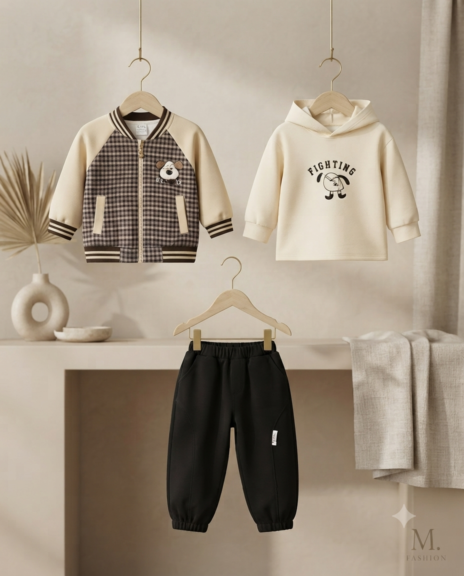 Stylish Three-Piece Plaid Bomber Jacket Hoodie And Comfortable Pants Set For Little Kids