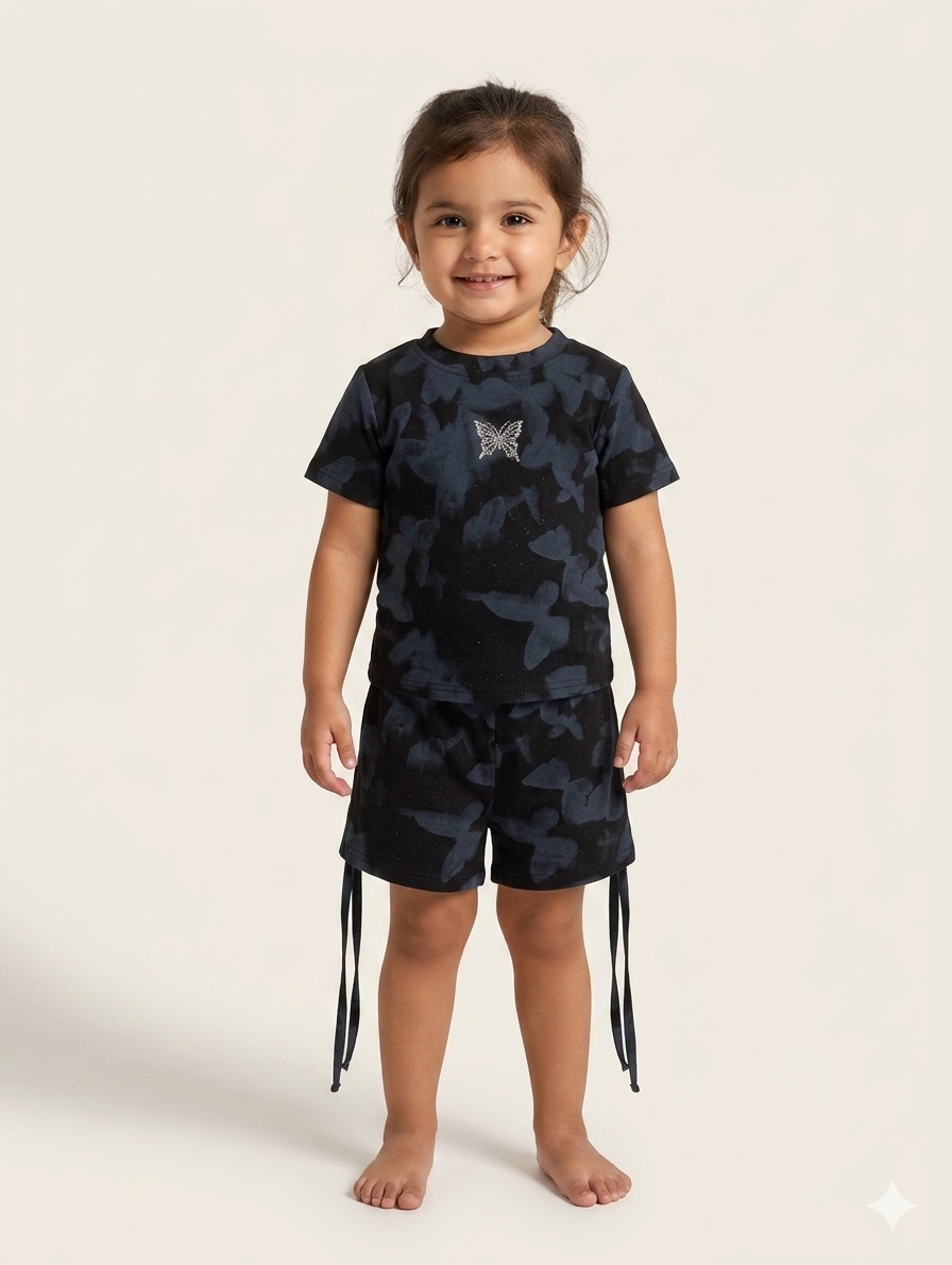 Toddler Girls Butterfly Print Summer Short Set in Midnight Black, Cloud White, and Soft Pink