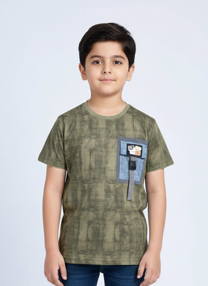 Child wearing a green t-shirt with a pocket design and blue jeans on a white background