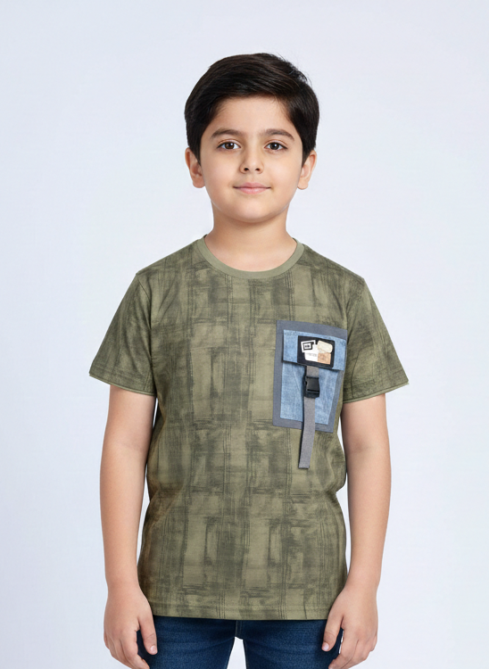 Child wearing a green t-shirt with a pocket design and blue jeans on a white background