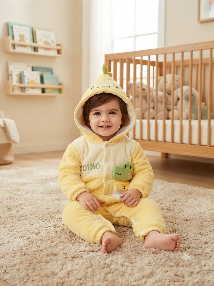 Cute Yellow Dinosaur Hooded Baby Romper Warm Fleece Winter Jumpsuit For Toddler Boys And Girls