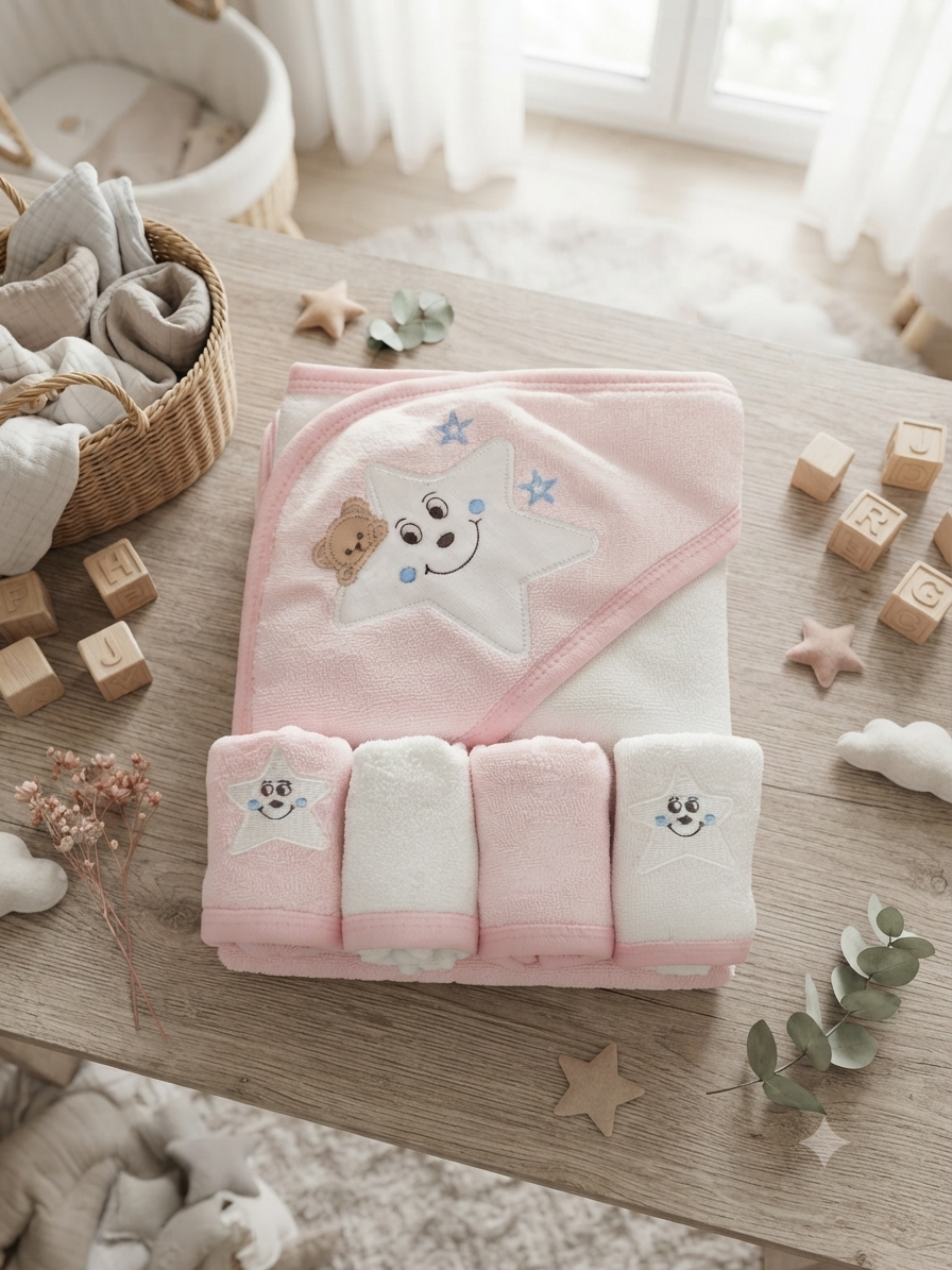 Premium Cotton Baby Hooded Bath Towel And Washcloth Set For Soft Newborn Skincare Routine