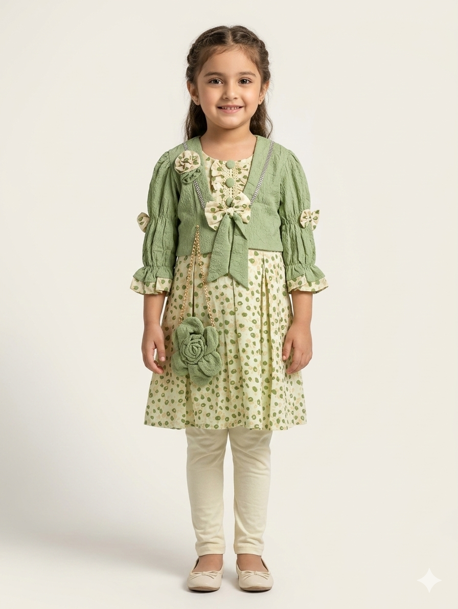 Elegant Girls' Floral Printed Dress with Matching Bolero Jacket and Stylish 3D Flower Accessory