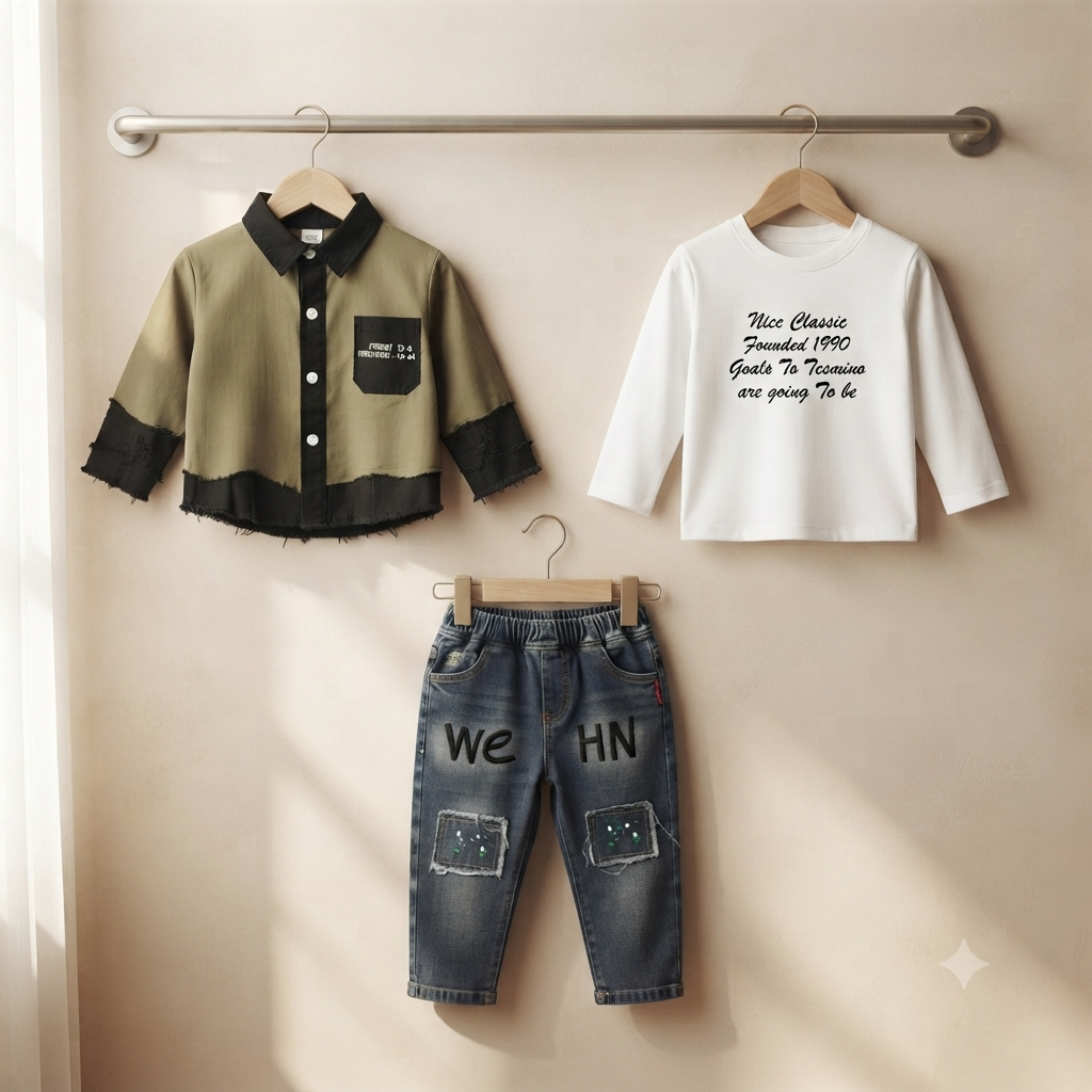 Stylish Olive Green Shirt And White Printed T-Shirt With Full Length Denim Trouser Set