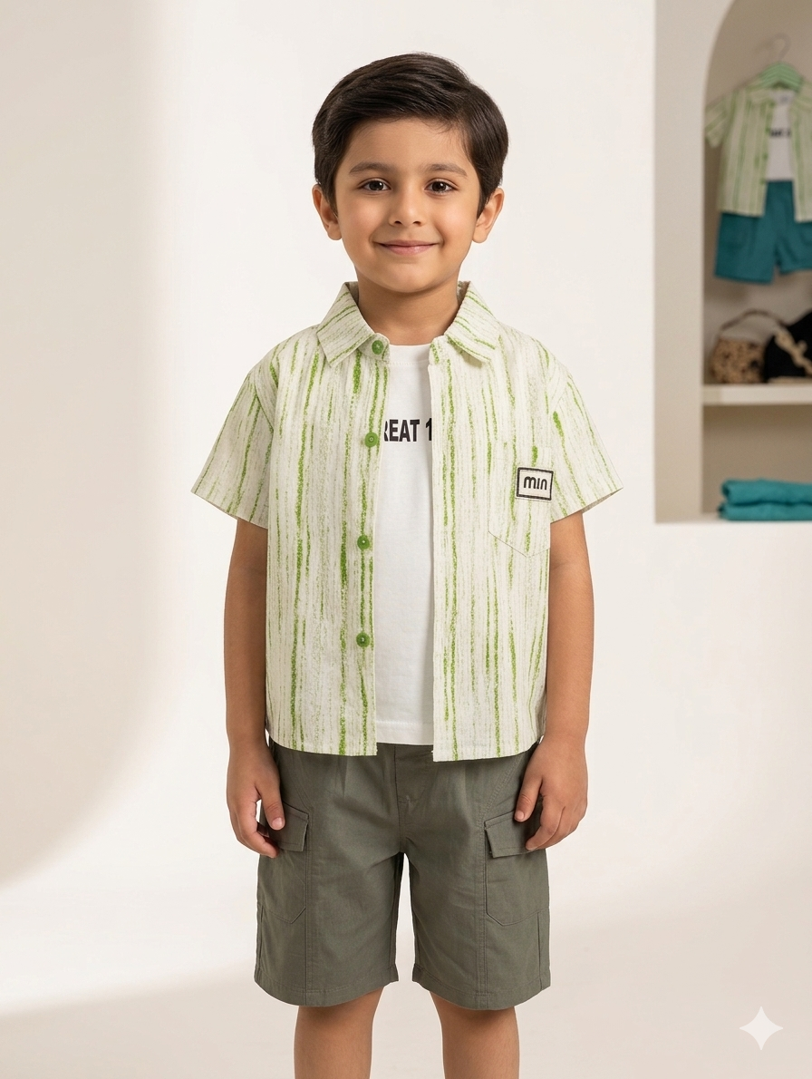Boys' Casual Two-Piece Set: Striped Short-Sleeve Button-Up Shirt and Cargo Shorts Co-Ord