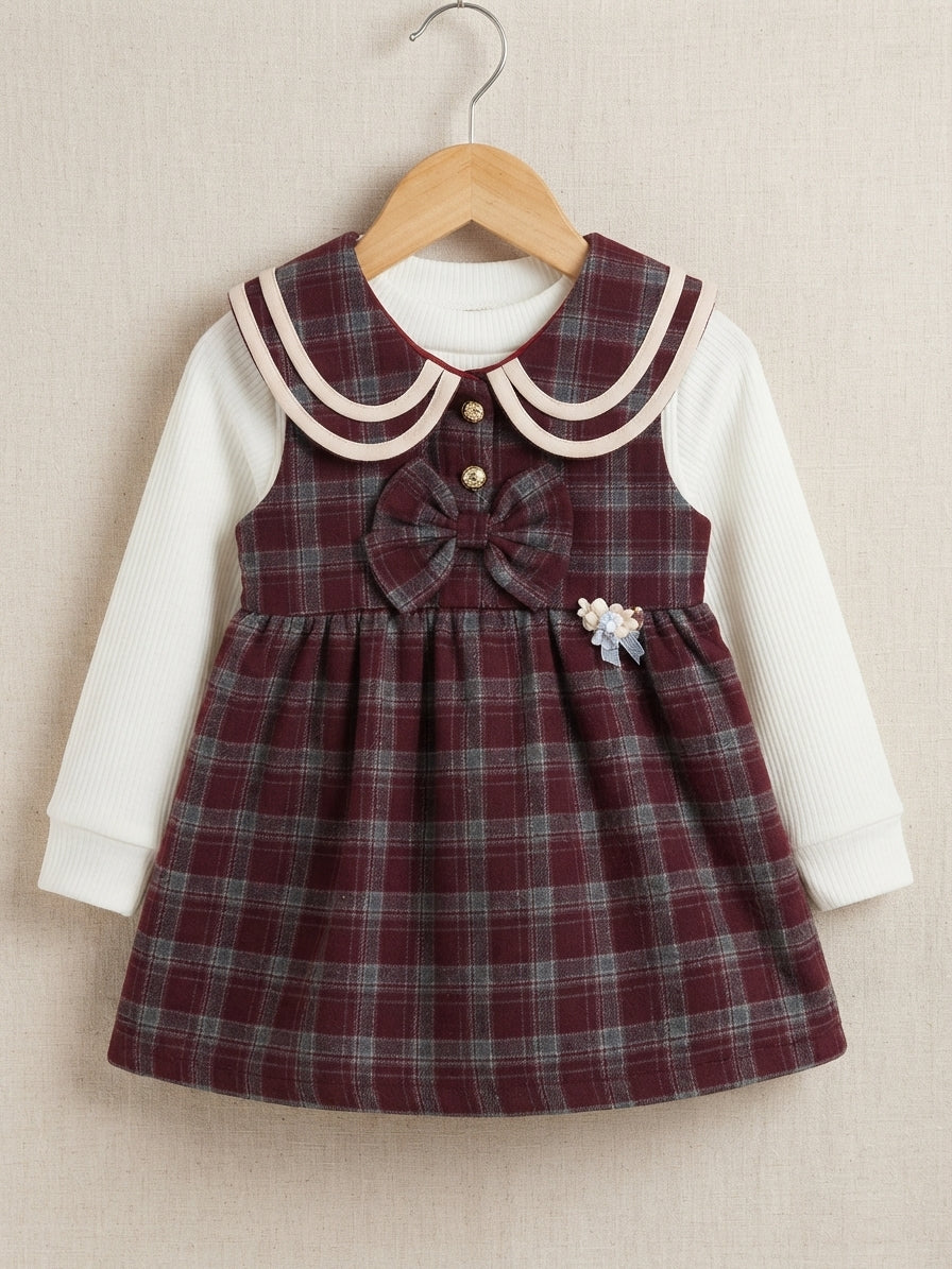 Girls Kids Checkered Peter Pan Collar Bow Pinafore Dress With Full Sleeve Top