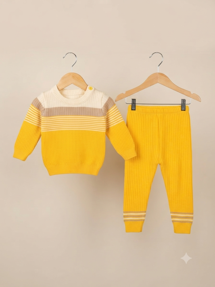 Cute Yellow Striped Knit Winter Sweater And Cozy Matching Pants Set For Kids