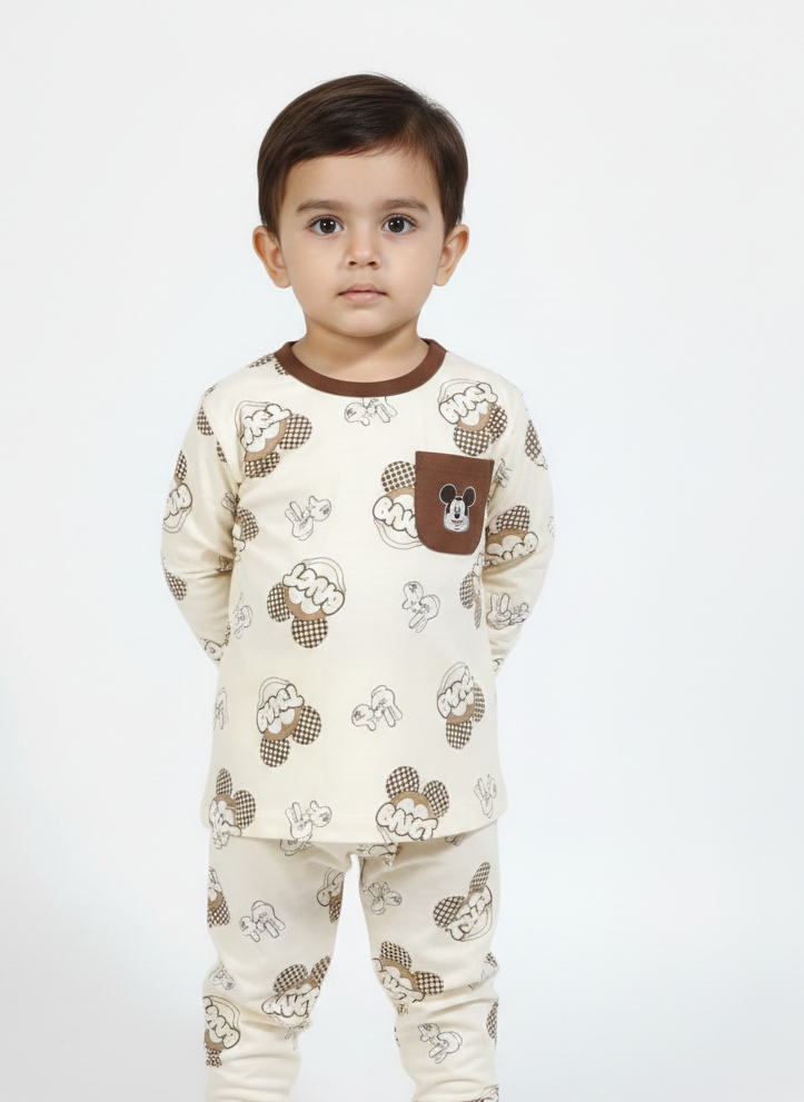 China Imported Kids Night Suit – BNGT Print with Mickey Mouse Pocket | Soft Cotton Nightwear
