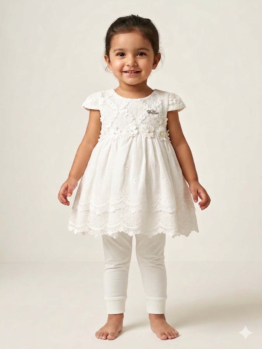 Elegant Girls Lace Embroidered Tunic and Leggings Set with Floral Appliqué and Scalloped Hem