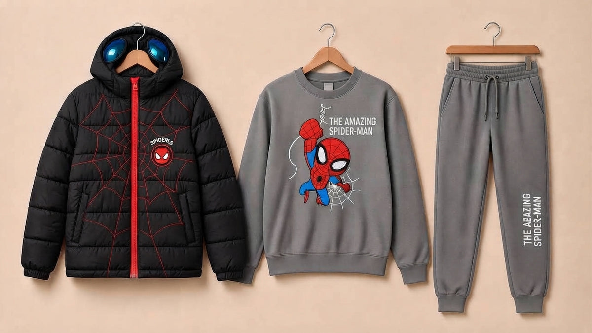 Kids Superhero Character Printed Puffer Jacket Sweatshirt And Trouser 3 Piece Outfit Set