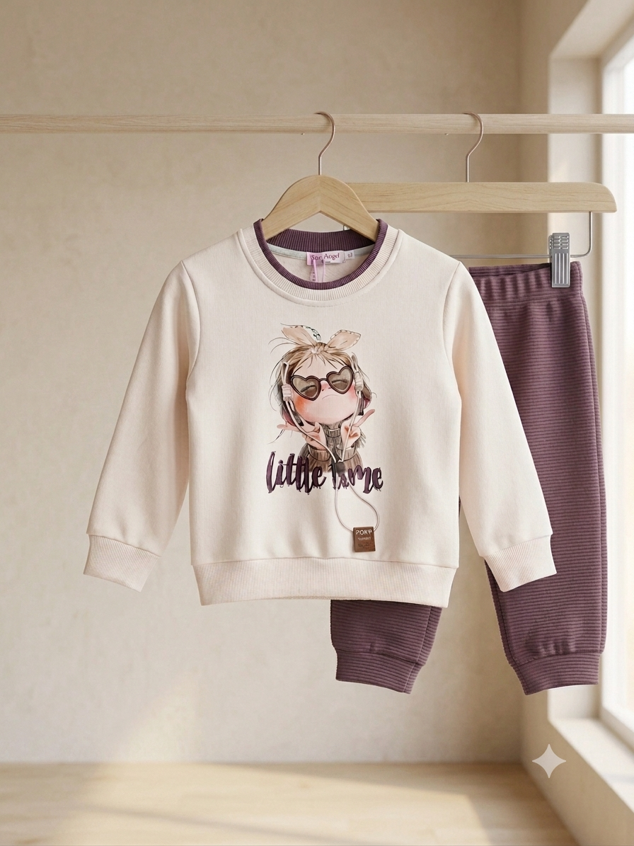 Adorable Off-White And Purple Graphic Sweatshirt And Trouser Set For Toddler Girls
