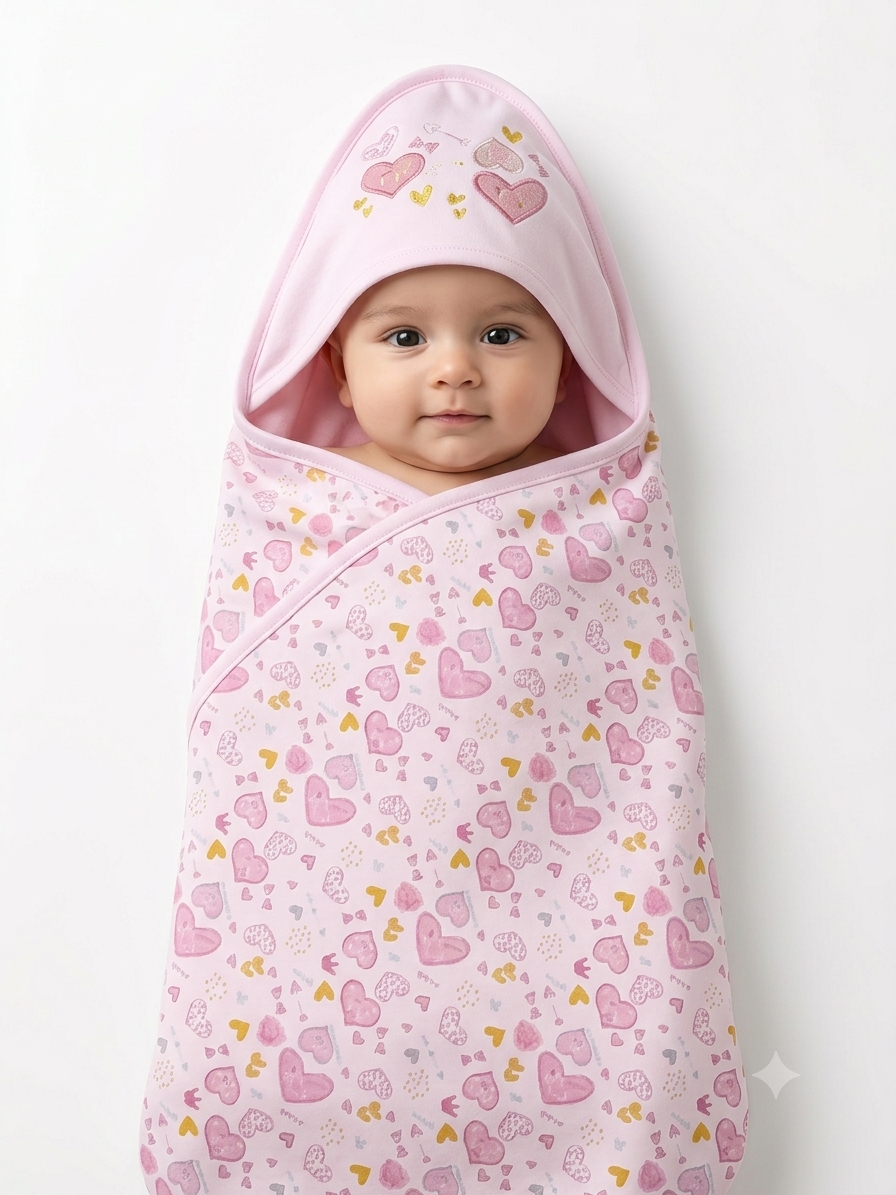 Cute Hooded Baby Swaddle Blanket Soft Cotton Wrap With Printed Pink Heart Design
