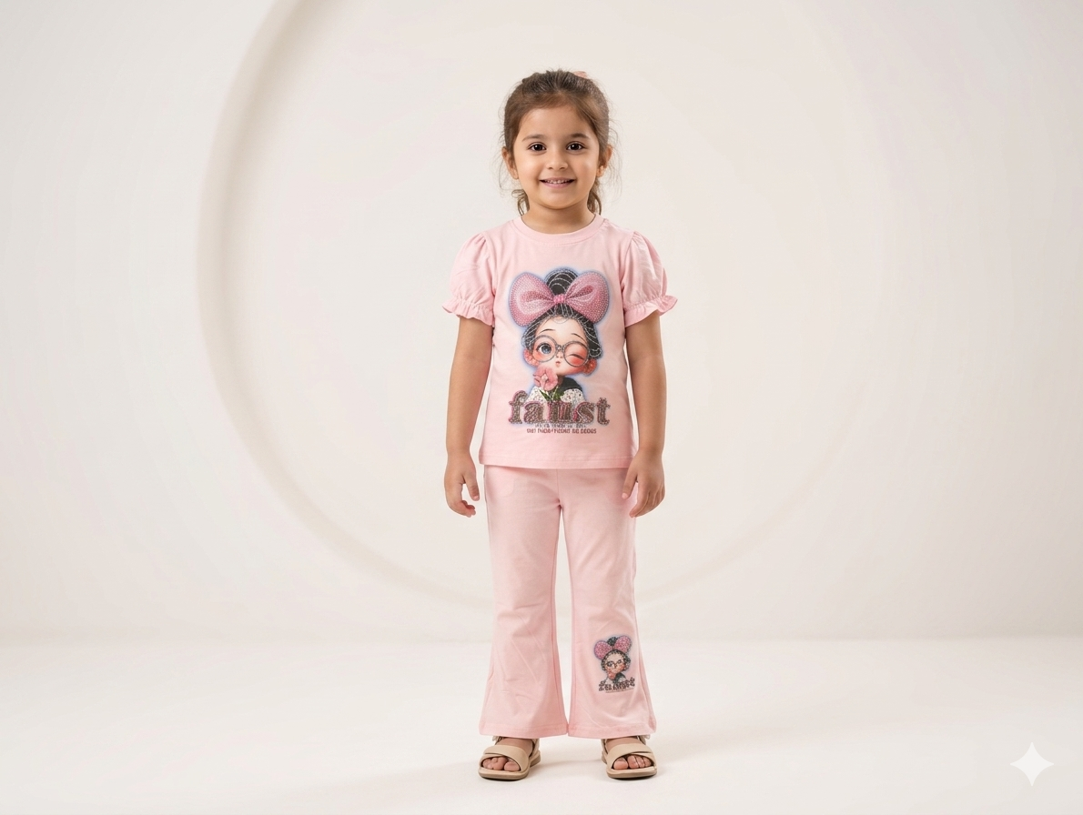 Girls' Faust Graphic Puff Sleeve T-Shirt and Flared Pants Two-Piece Summer Casual Set