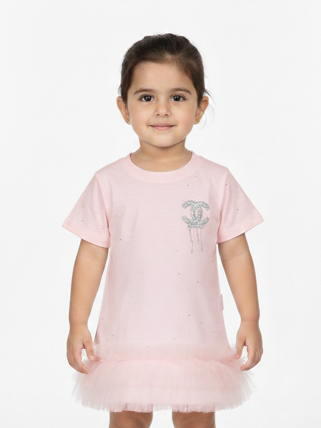 Girls Sparkly T-Shirt Tutu Dress Featuring Crystal Embellished Logo and Ruffled Hem in Three Colors