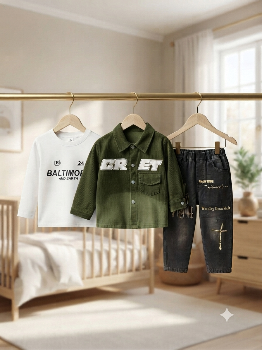 Boys Stylish Corduroy Jacket Shirt White T-Shirt and Denim Trouser Three Piece Outfit Set