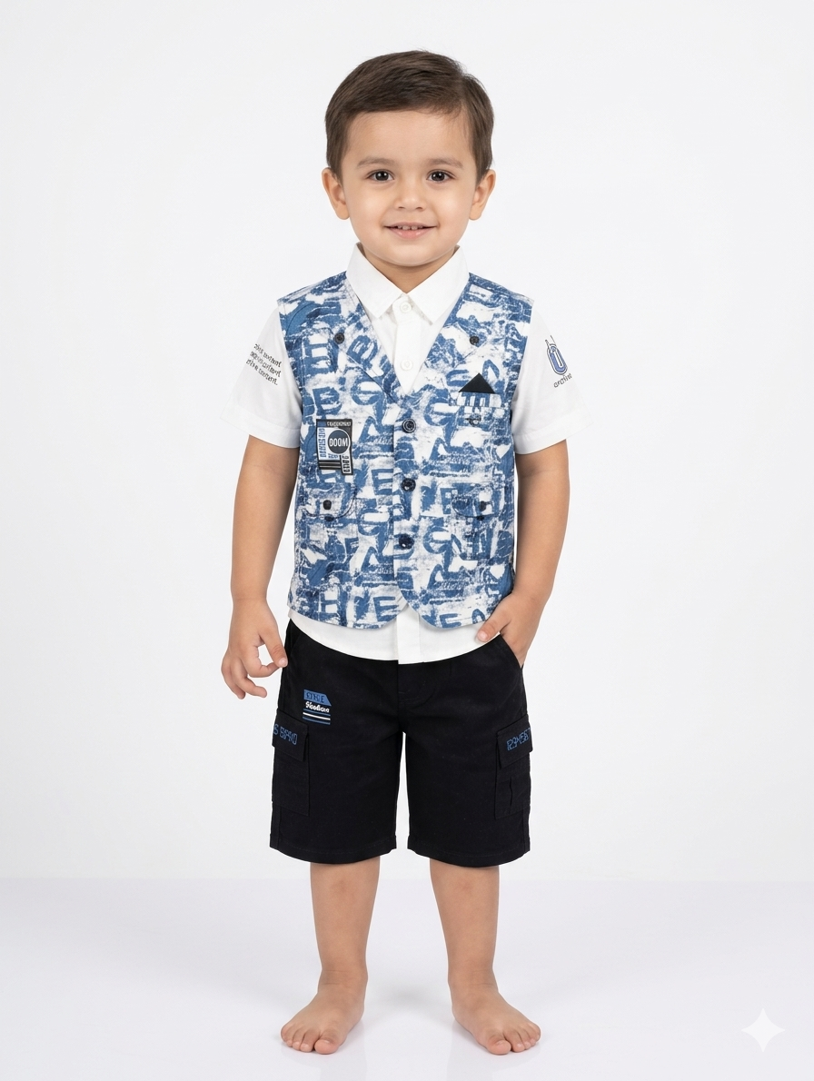 Boys’ Two-Piece Smart Casual Set with Patterned Waistcoat and Cargo Shorts - Multiple Colors