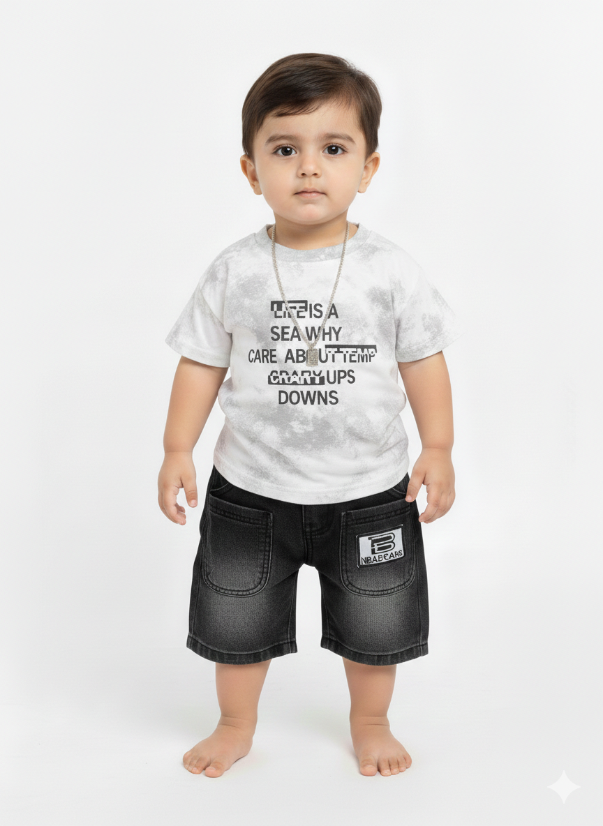 Toddler Boy's Urban Graphic Tee and Faded Denim Shorts Two-Piece Casual Summer Outfit Set