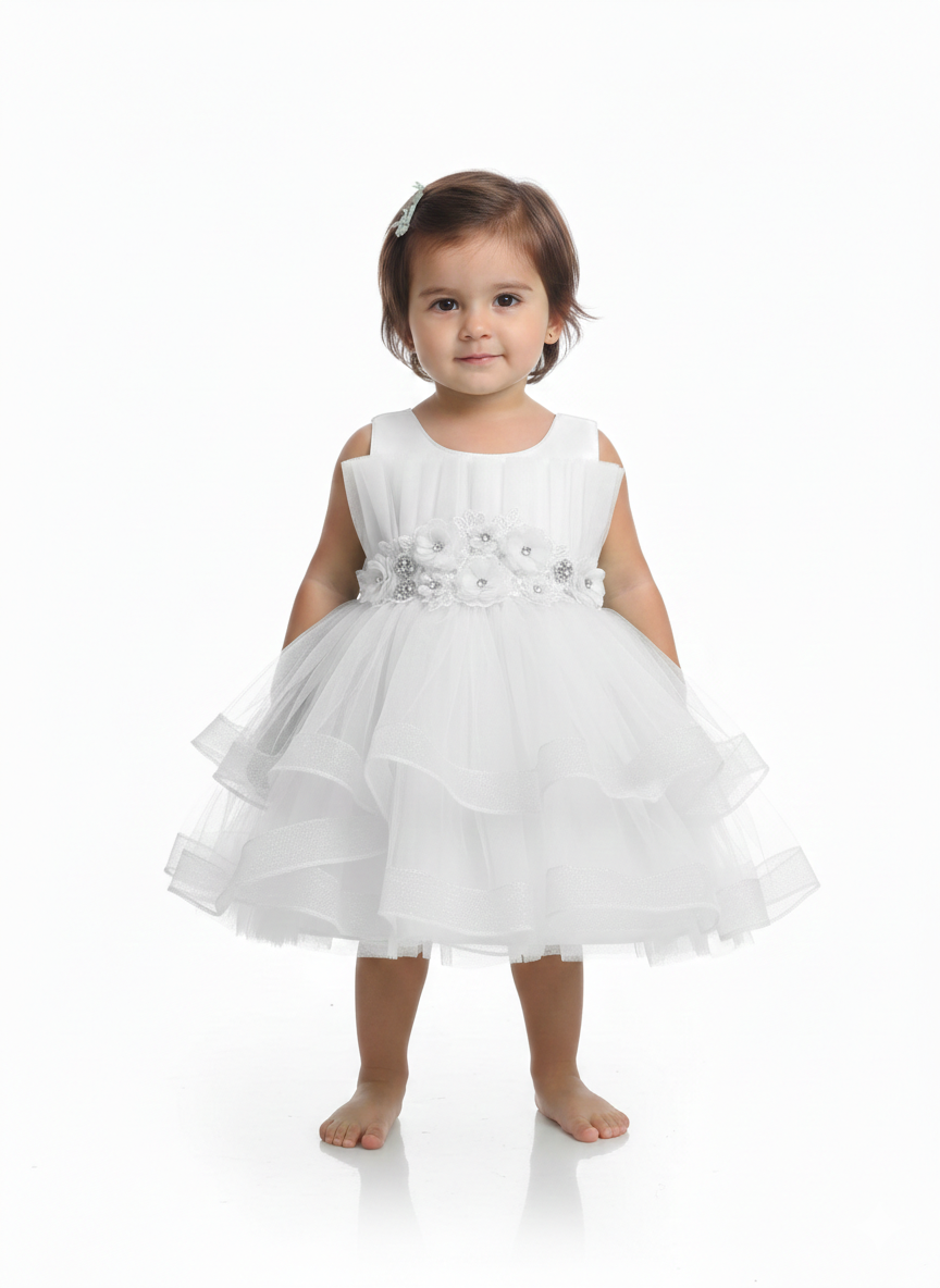 Toddler Girls' Tiered Tulle Occasion Dress with 3D Floral Appliqué and Rhinestone Waistband