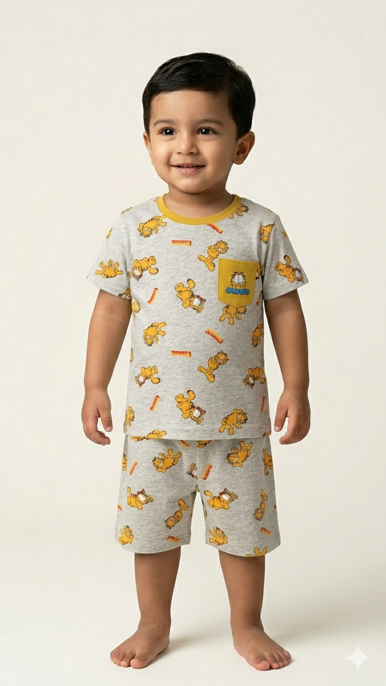 Boys Garfield Print Grey T-Shirt and Shorts Lounge Set - Kids Summer Sleepwear