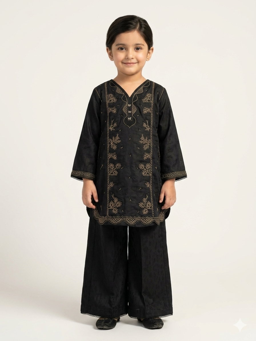 Elegant Girls' Black Embroidered Kurta Set - Traditional South Asian Festive Ethnic Wear Outfit