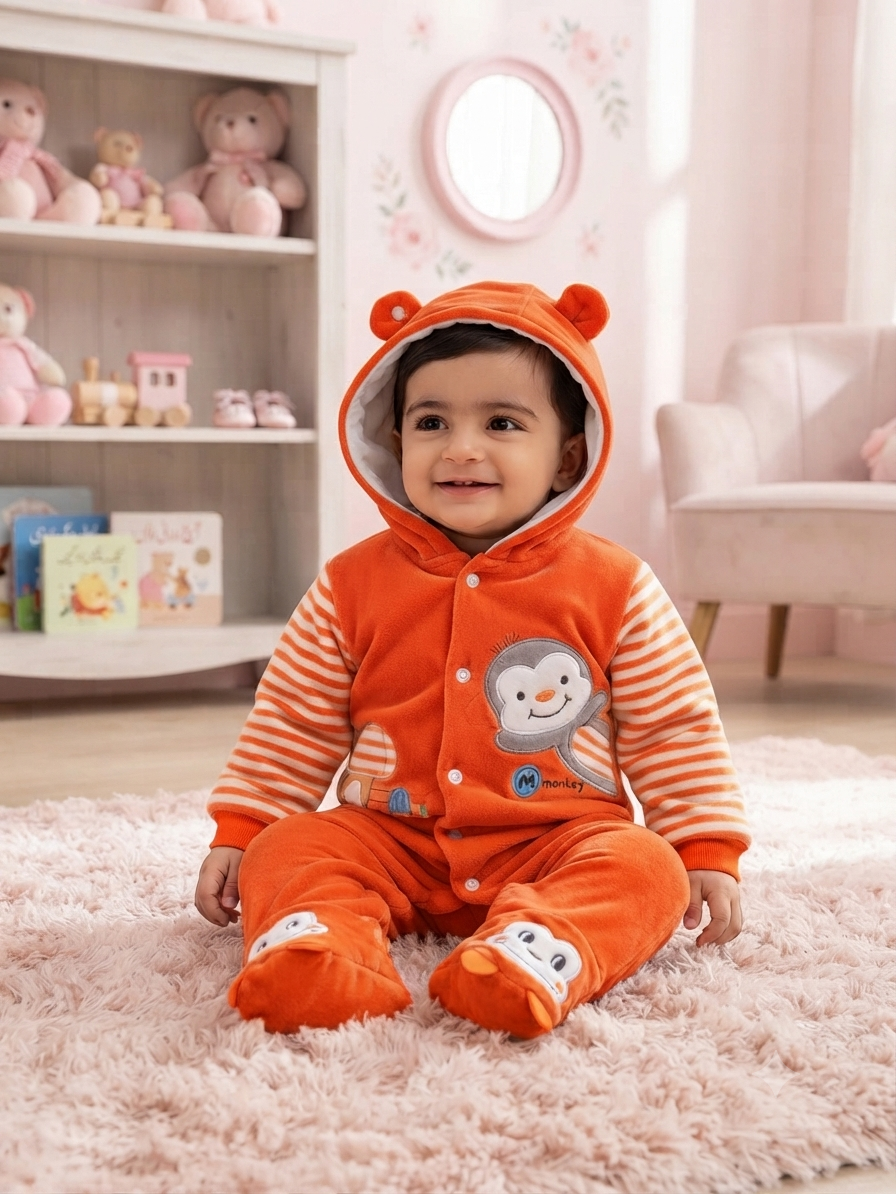 Cute Baby Fleece Romper with Hood and Cute Applique