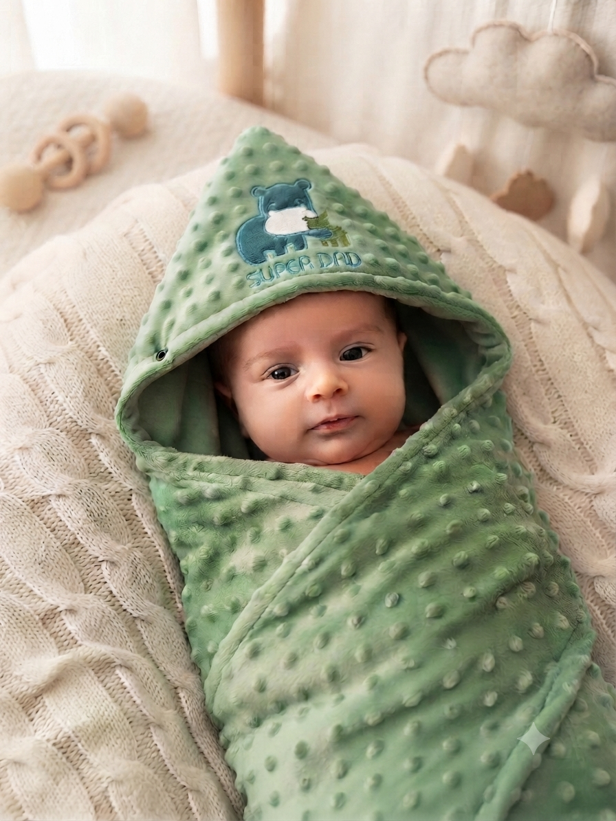 Soft Green Minky Baby Hooded Swaddle Blanket With Cute Super Dad Embroidery Design