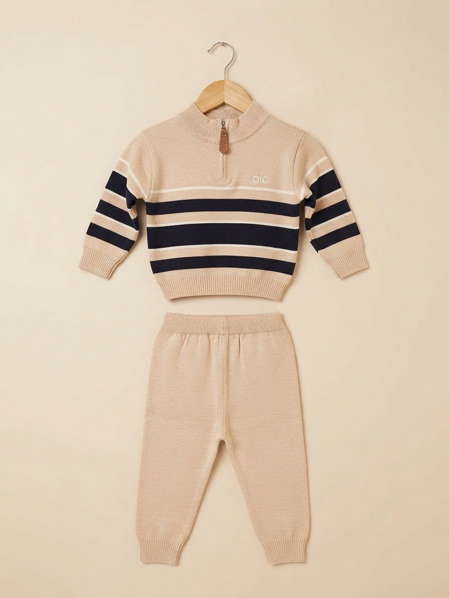 Cozy Kids Striped Quarter Zip Pullover Sweater And Matching Jogger Pants Winter Outfit Set