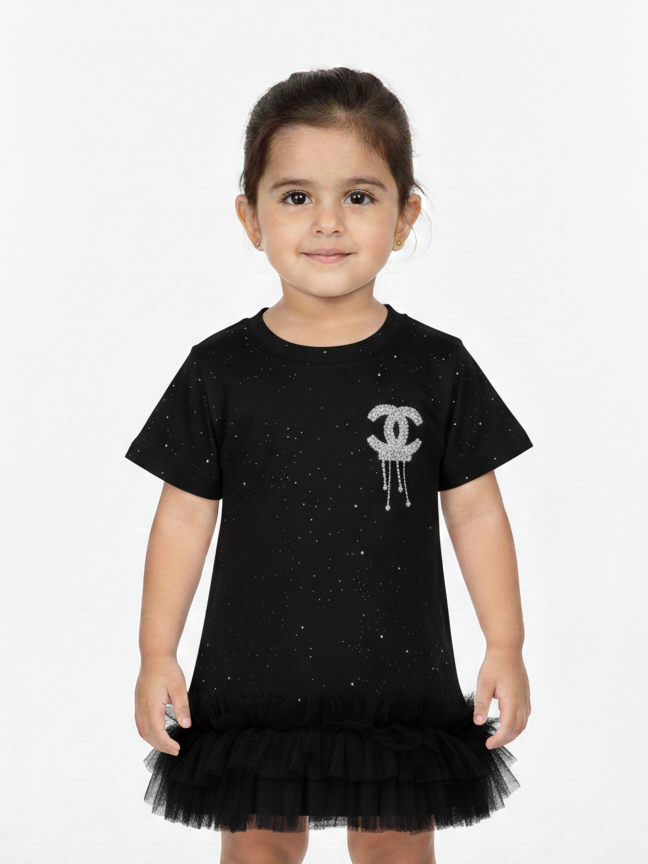 Girls Sparkly T-Shirt Tutu Dress Featuring Crystal Embellished Logo and Ruffled Hem in Three Colors