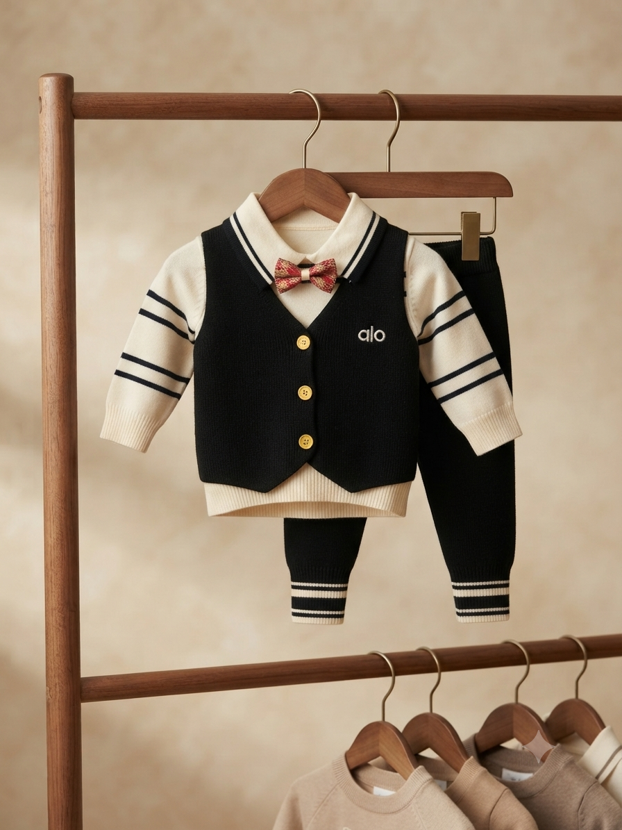 Elegant Gentleman Knitted Formal Two Piece Baby Set With Bow Tie For Special Occasions