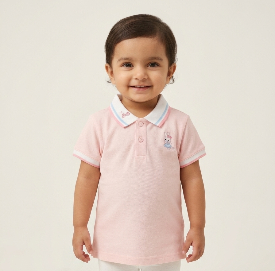 Girls' Sweet Bunny Embroidered Cotton Polo Shirt with Contrast Collar and Ribbed Cuffs Set
