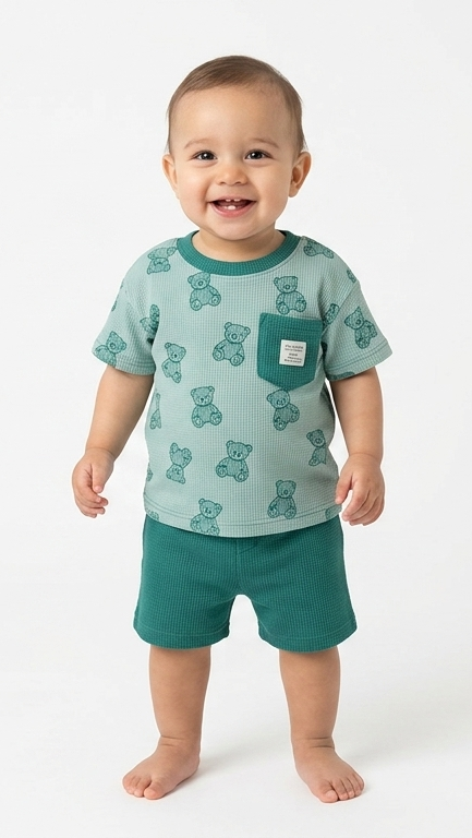 Adorable Teddy Bear Print Baby Summer Set - Soft Waffle-Knit Tee and Shorts