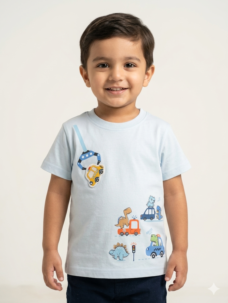 Boys Dinosaur Construction Crane Graphic Tee - Cute Prehistoric Animal Cars Short Sleeve Cotton Shirt